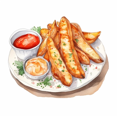 Watercolor detailed illustration ofPotato wedges served with dipping sauce on a plate, clipart, white background