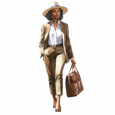 watercolor style, travelling african american business woman in classic clothes, realistic. Clipart, isolated on white background, 4K