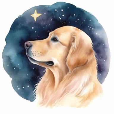 celestial watercolour Golden Retriever clipart, on white background, stars, nebula, moon, galaxy, soft colours