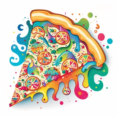 Create a colorful and vibrant clipart of a pizza with psychedelic colors and trippy patterns, using a simple watercolor technique on a white background. Include surreal elements like melting cheese, dripping sauce, and swirling patterns. Use a limited color palette to create a cohesive and eye-catching design. Prompt: a pizza with psychedelic colors and trippy patterns, using a simple watercolor technique on a white background, with surreal elements like melting cheese, dripping sauce, and swirl