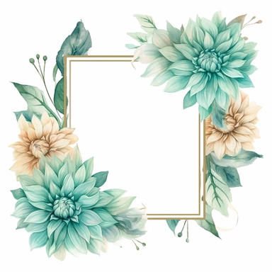 a floral frames made with teal and pastel teal Dahlia flowers, wet on dry watercolour style, antique look, clipart, white background
