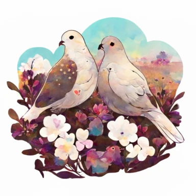two beautiful doves in love, in a field of flowers, clear sky, clipart, white background, sticker