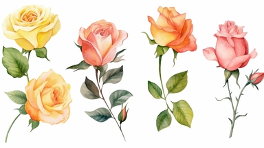 Watercolor rose flowers clipart. Hand painted Botanical illustration isolated on white background. Red, yellow, blush, pink garden roses set.
