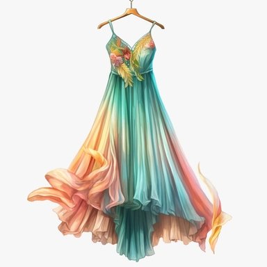 panoramic view, full view, beautiful flowing tropical party dress in vibrant colors on ornate hanger, shabby chic, elegant, ethereal, romantic, fantasy, high detail, shabby chic, sharp focus, 8k, illustration sketch, clipart style, transparent background