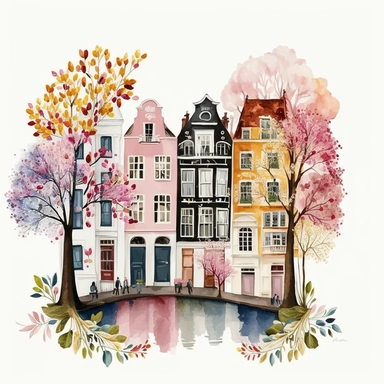 Very very cute and Whimsical quirky row houses, Amsterdam canal, bridges and water, town houses, tree blossom, colorful, Watercolored illustration in the style of Michael Powell, clipart, white background