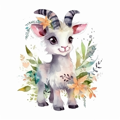 a standing baby horned goat with cute big eyes, happy smiling face, cute animal, adorable, playful atitude, adorable watercolor animal clipart with a few plant and flower decor, no background, high quality