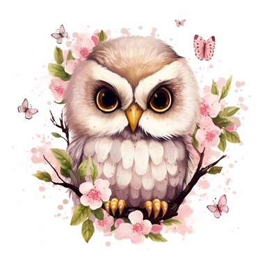 baby cute owl Among blossoms, white background, clipart