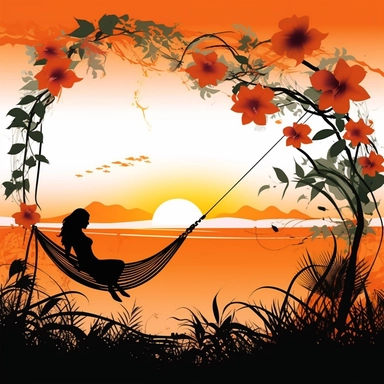 Design clipart featuring a breathtaking Thai beach at sunset with a woman enjoying a floral-decorated hammock Descriptive Keywords: Thai beach, sunset, woman, hammock, floral decorations, breathtaking view Style of Photograph: Ultra high definition, vibrant and colorful floral elements, lively and immersive scene