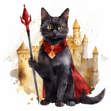 A clipart of a black cat wearing a golden crown and a red velvet coat, holding a scepter and standing in front of a castle as a king, watercolor style, realistic, bright colors, 300 dpi, 8k, white and clear background