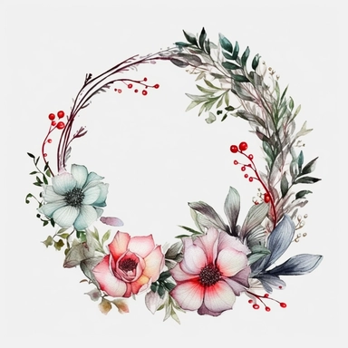 Springwood circle flower Christmas watercolor composition with twigs on a white background. wreath, frame, and border. Greeting card, poster, banner with space for text CUTE STICKER Frealistic cartoon in 32K UHD cute. 15 cm thick outline. Black color. There was no shadow on the ground. 8k with realistic watercolors and detailed illustrations. PNG clipart, transparent white background