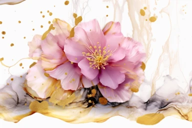 beautiful gorgeous alcohol ink of gold serene nature scene with a central focus on a pink flower. gentle wave , minimalist style, crystals, glam, glossy, glitter texture, liquid ink clipart, modern and stylish design, bright colors, 300 dpi, clear decoration, clear white background, highly detailed digital art, 8k