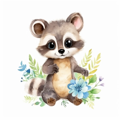 a vibrant baby raccoon with kind eyes clipart with watercolor illustration,full body shot,8k,etsy style, white background
