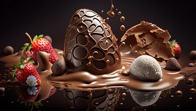 easter eggs gently sink into liquid chocolate, strawberry, chocolate bar, chocolate eggs, photo clipart, background, delicious, studio photo light, lots of intricate details, harmonious composition, volumetric lighting, professional food photographer luxury, photo lighting + f2. 8 80mm lens, lots of intricate details, canon, sharp focus, ureal photo realism, hyper-realism