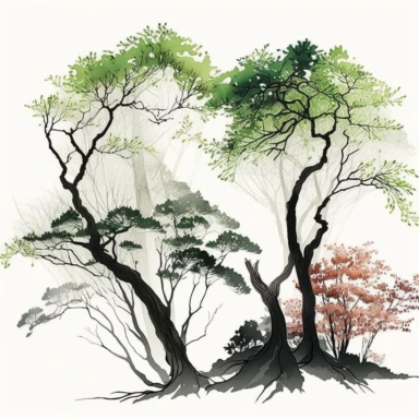 Watercolor, Japanese Maple Trees, old, long branches, Clipart, springtime japanese trees, forest, tall grass, pepples, white background