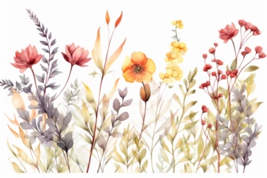 enchanted MAROON AND DUSTY YELLOW flower FIELD WATERCOLOR HAND PAINTED clipart, GREEN WILD LEAVES BETTWEEN FLOWERS AND IN THE BACK, WATERCOLOR AIRY PASTEL COLORS, VISIBLE WATERCOLOR BRUSH TOUCHES, DREAMY AND ELEGANT, COLORFUL DREAMY FLOWERS, white background, WATERCOLOR 8k,
