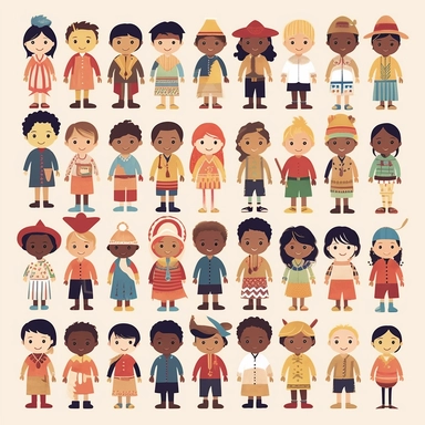 simple flat Clipart on a white background, children from around the world, children of different races and cultures, african, american, asian, jaspan, russain, pacific islander, spanish, mexican, south america, all wearing clothes from their native country all separate and not touching