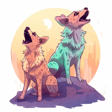 group of cute hyenas, howling at the moon, their voices echoing through the night, vibrant pastels, clipart, on a white background