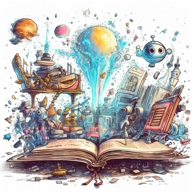 science fiction scene coming out of an open book, rockets, ufos, robots, magical, watercolors, Clipart, pastel blue color theme, intricate and detailed