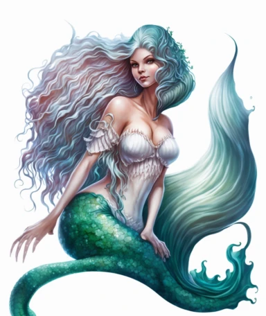 Create a jaw-dropping mermaid with an ethereal and enchanting presence, radiating beauty and grace, exuding an aura of mystery and allure, clipart, white background