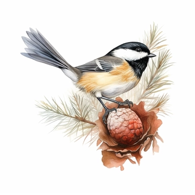 realistic watercolor chickadee ready to take off from the tree bunk, on white background, spaced out, clipart