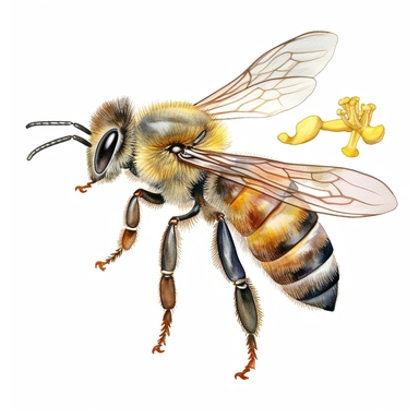 watercolor, An educational illustration highlighting the anatomy of a bee's hind leg, specifically focusing on the structure and function of the pollen basket and its role in carrying pollen grains for pollination. (Digital drawing clipart, image black border color, full body, transparent background)