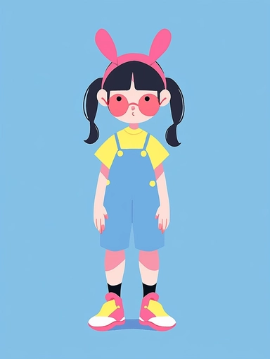 Minimalist art, flat illustration, vector illustration, minimalism, geometry, flat illustration, tifni blue background: :8, full Body, focus on face,minimalist art, dopamine wear: :5, bright colors, Four-year-old Chinese cartoon girl wears cowboy overalls, bunny headbands, earrings, necklaces, colorful hair clips in the style of digital art techniques, qian xuan, pure color, orange and blue, yellow and sky blue, hip hop style, crisp outline, Wave color, optics, bold colors, high viewing Angle, s