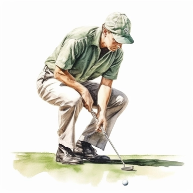 Idyllic watercolor clipart of a young modern arican american golfer in close fitting sports golf clothes putting the golf ball into the hole on the putting green, isolated on a pure white background, insane detail,