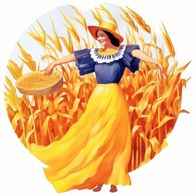 clipart farm woman wearing flowing dress surrounded by corn on cob