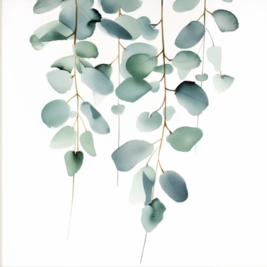 eucalyptus leaves in watercolor on the background, clipart, fall, flat lay, single twig, in the style of light green and silver, suspended/hanging, glossy finish, subtle surface decoration, comfycore, floral accents, danish design, watercolor illustration, aquarrellist, white background