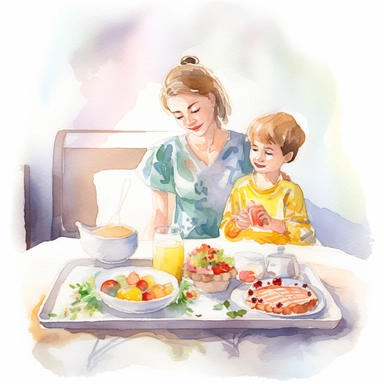An endearing watercolor clipart for Mother's Day, showcasing a child serving breakfast in bed to their mother. The scene is set against a clean white background, highlighting the vivid colors of the breakfast tray and the mother's surprised expression. The watercolor technique adds a soft, comforting touch to the illustration, enhancing the loving atmosphere of the special day