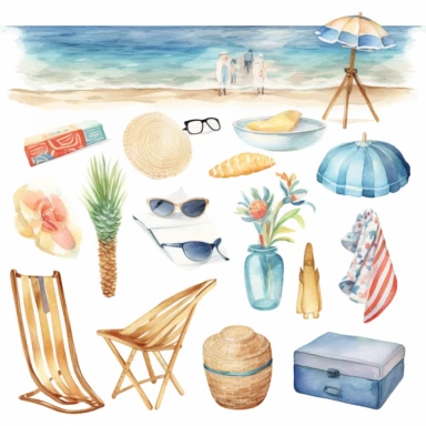 summer beach clipart, white bsckground, watercolor,