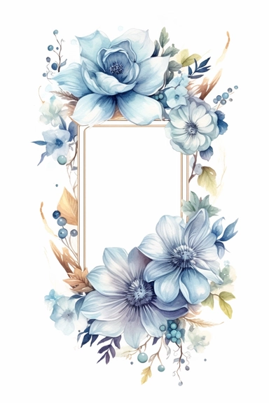 watercolor clipart of a empty suttle dainty floral rectangle frame surrounded by dusty blue color flowers. Capture the essence of blooming beauty and intricate details in your artwork, white background