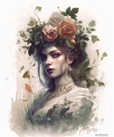 isolated on white illustration watercolor art of a beautiful feminine royal elegant witch with ivy and roses decorated with summer flowers and magic crystals, lace and embroidery, masterpiece by Charlie Bowater style and by Tom Bagshaw style and Bastien Lecouffe-Deharme style and Vladimir Kush style and by Anne Bachelier style, Baroque fashion, PNG clipart, isolated on white, extreme photorealistic details, 32k HD resolution, realistic high detailization high resolution
