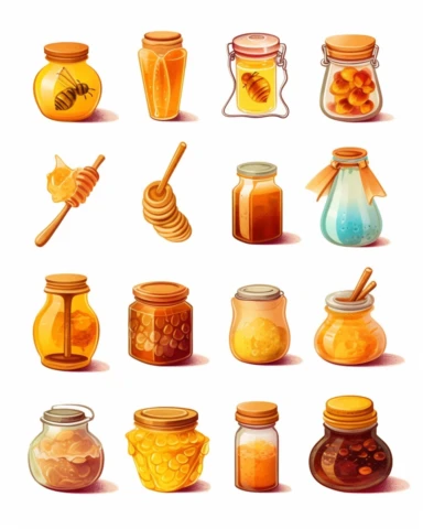Design a collection of clipart images featuring honey dippers on a white background in different shapes and styles, that can be used to create unique designs for honey labels, packaging, and advertising.