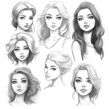 types of girl face cliparts printable, in the style of cute and dreamy, dynamic and expressive animations, pencil sketch