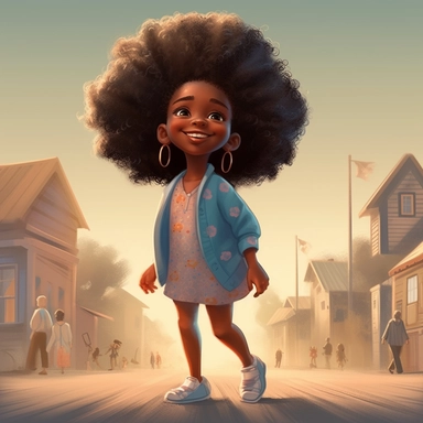 pixar illustration of Sag Harbor town , An illustration of five year old light skin happy black girl with curly afro, running on the beach with african american grandparents in Sag harbor Sunset Beach, east hampton , summer vaction, beach town , summer days , muted tones , shy warm heart , pixar , hyper detailed , smooth skin realistic animated — Happy Black Girl Smiling art,black girlsclipart, Funny black girl , Cheerful african american girl running on the beach png, clipart, afro ,Full body w