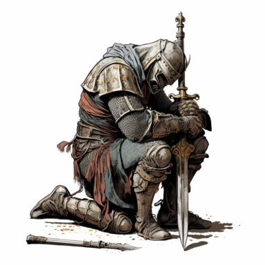 old knight on his knee bows his head like he is praying and holding his sword horizontaly to the ground,design for tshirts + white background +,clipart drawing,clipart image,high definition drawing,clean colors,balanced colors,detailed drawing,--v 4