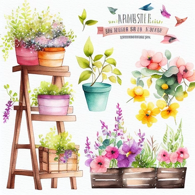 Watercolor Spring Planters Clipart - springtime cute planter boxes and garden ladders