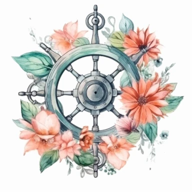 Watercolor hand drawn nautical / marine / floral illustration with steering wheel & flower bouquet with green leaves arrangement. Icon, object, corner, frame clipart for invitations, decoration, DIY.