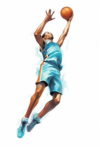 Fadeaway Shot: A fadeaway shot is a technique where the shooter jumps backward while releasing the ball. Create clipart images illustrating players leaning backward and shooting with a fadeaway motion. is drawn in watercolor paint,against white background, in the style of hyperrealistic pencil drawings, jocelyn hobbie, highly realistic, eye-catching, hyper-realistic pop, valentin serov