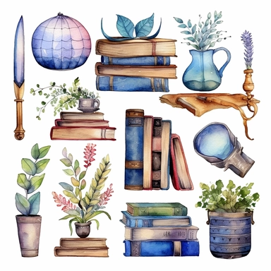 World book day hand drawn watercolor clipart set. Library books collection