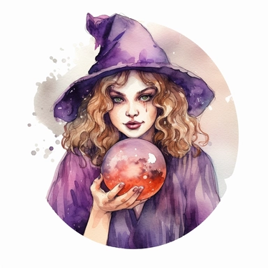 Halloween witch, holding a crystal ball, watercolor style, clipart image
