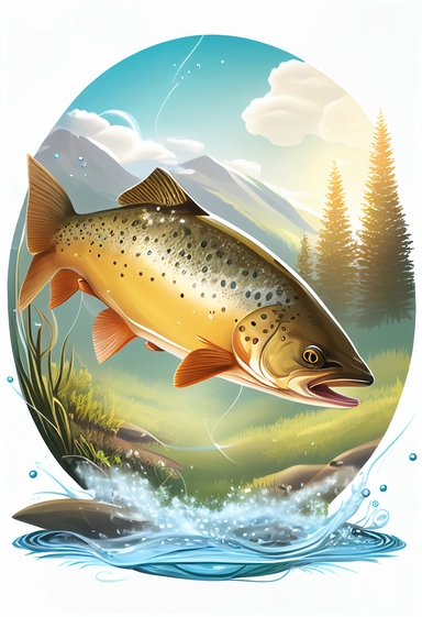 brown trout fish jumping out of a stream of water, Forest background, april, Rolling hills, fog, sunshine, digital art, clip art, cartoon