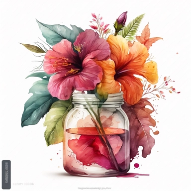 [5538157460] Watercolor clipart. A vibrant watercolor painting capturing the beauty of a hibiscus bouquet in a glass jar, with delicate petals in shades of red, pink, and orange.. White background. No text. No caption. No logo