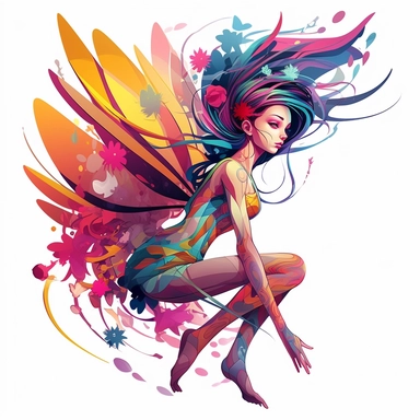 clipart, a beautiful lone fairy flying in the styles of Michal Lisowski and Cory Loftis, pink, blue, oragne and yellow, isolated on a white background, entire design should fit on the page