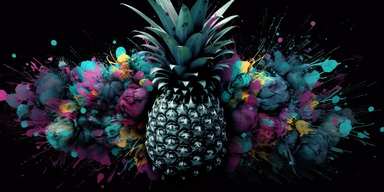 pineapple, clipart artwork print, a visually striking fusion of saturated colors like lime green, dazzling purple, and bold teal on a black canvas, chaotic elements blending seamlessly into an unexpectedly coherent design, showcasing the beauty of controlled chaos in wearable art