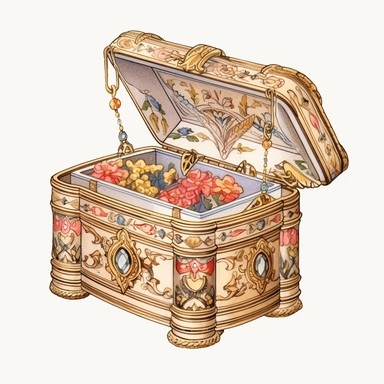 Victorian Jewelry Box: Create a clipart of a luxurious Victorian jewelry box, embellished with intricate patterns, velvet lining, and compartments for storing rings, necklaces, and bracelets, watercolor Clipart, watercolor Sublimation graphics, hand drawn illustration by james christensen style, Watercolor clipart, single design, single object, print on demand image, PNG transparent background, white background for removing background - - no text shadow font watermark, 8k