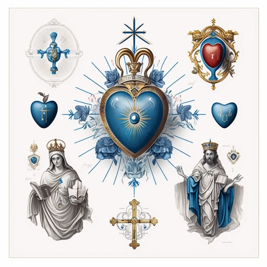 catholic imagery, icons, sacred heart, holy relics, handpainted , clip art sheet, blue accents, on white background