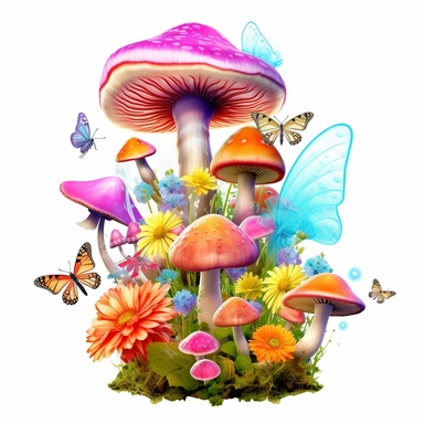 single clipart image png graphic of a Hyper Realistic Vibrant Magical Mystical, mushrooms, butterflies, flowers, pastel Color’s, png, white background