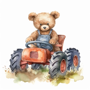 cute watercolor teddy bear on a tractor at the farm, clipart, white background